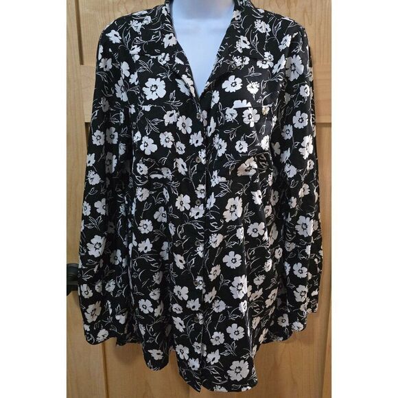 Calvin Klein Womens Black & White Floral Button-Up Blouse Long Sleeve Size M - Picture 2 of 10